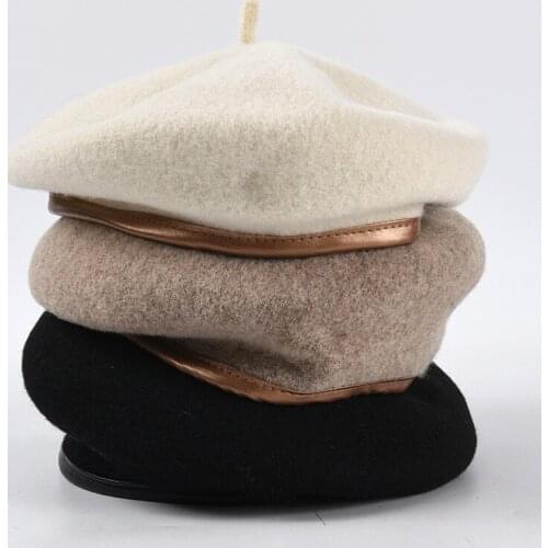 New Autumn Winter PU Leather Edging Wool Brim Lady Beret Hat For Women Men Leisure Painter Hat Pumpkin Hat Peaky Blinders Boinas