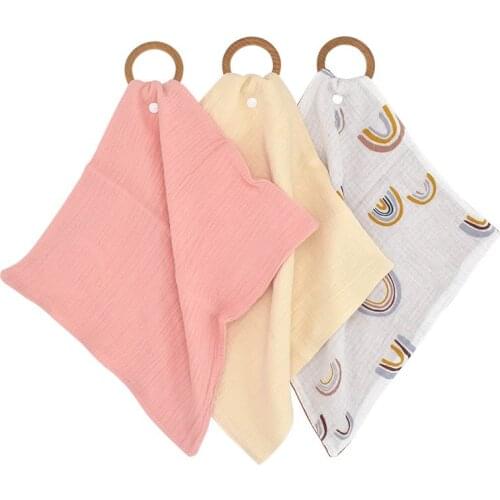 Baby Saliva Towel Burp Cloth With Wooden Teether Ring For Newborn Pacifier Cloth Infant Cotton Muslin Bib Feeding Accessories