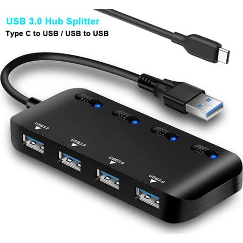 Type C Hub USB 3.0 Hub Splitter USB C Extender 4 Port Fast Speed USB Ultra Slim Data Hub with Individual Power Switch and LED