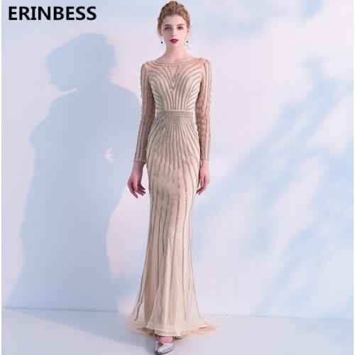 Sexy Champagne Tulle With Sequined Evening Dresses Mermaid Vestido De Festa Scoop Neck Floor Length Evening Dress Long Sleeve
