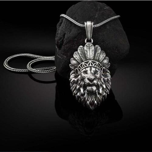 European and American hip-hop style Indian crown lion head pendant mens necklace ins style animal pendant jewelry