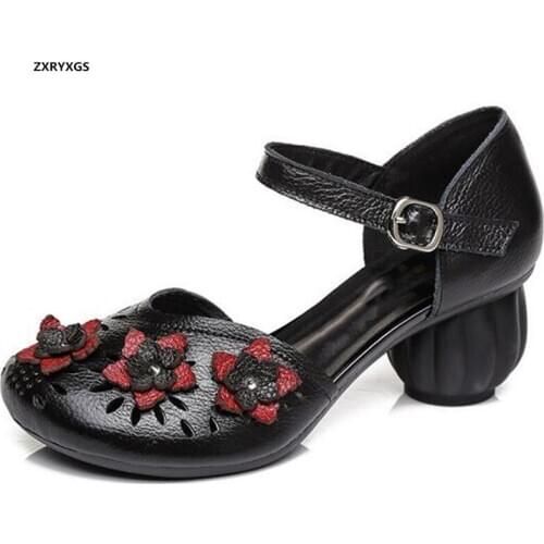 2020 New Round Toe Flowers Top Cowhide Leather Sandals Fashion Elegance Women Sandals Breathable Comfortable High Heel Sandals