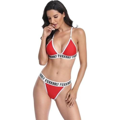 2021 Summer Push Up Letter Printed Swimsuit Women Beach Holiday Sexy Thong Bikini Sets Ladies Casual Swimming Wear
