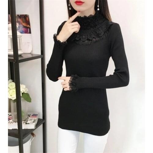 Women Sweater Pullover 2021 New Spring Lace Botto shirt Long Sleeve Ruffled Slim Pull Knit Half Turtleneck Sweater