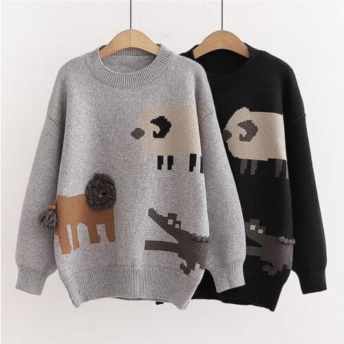 Harajuku Cartoon Jacquard Knit Pullover Women Sweater 2021 Winter Warm Full Sleeve O-neck Korean Fashion Female Jumpers Tops