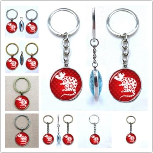 Zodiac Sign Badge Rat Year Key Ring High-end Jewelry Convex Glass Pendant Key Ring Jewelry Gift