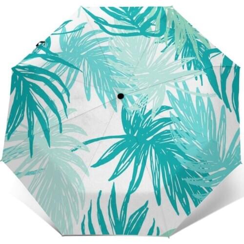 Wind Resistant Fully-Automatic Umbrella Green Palm Leaves Botanical Rain 3 Folding Parasol Travel Car Umbrella