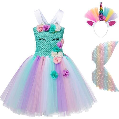 Little Girl Pony Dress Unicorn Princess Tutu Dresses Children Rainbow Ball Gown Christmas Birthday Unicorn Wig Supplies Vestidos