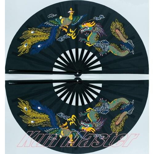 Bamboo Double High-grade Tai Chi Performance Fan Martial Arts Fan Kung Fu Fans Black Cover China Dragon And Phoenix Pattern