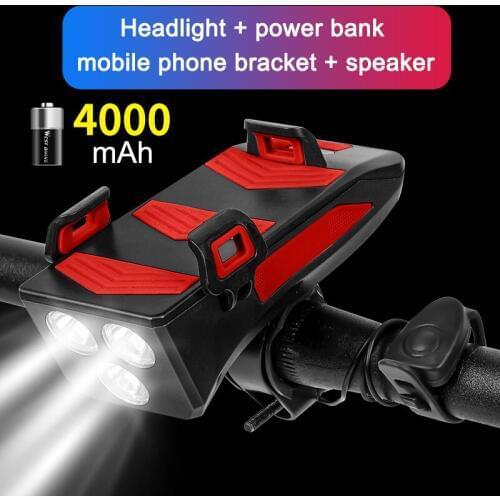 Hot 4-in-1 Multifunciton Bicycle Front Light Mobile Power Mobile Phone Holder Horn Mountain Road Bike Cycling Equipment