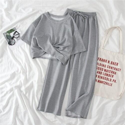 Sets Women O-neck Solid Knot Cropped T-shirts Elastic Waist Soft Pants Simple Office Ladies Casual Korean Daily Womens Fashion