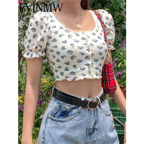 LVINMW Casual Round Neck Short Sleeve Flower Print Single Breasted With Lace Crop Top 2020 Summer Women T Shirt Street
