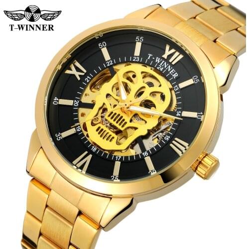 Fashion Winner Top Brand Classic Luxury Golden Skeleton Mechanical Watch Men Stainless Steel Man High-grade Gift For Shipping