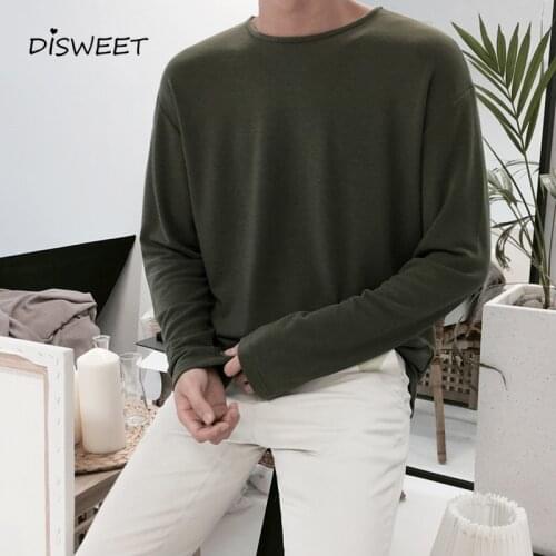 Solid Round Neck Long Sleeve T-shirt Men Simple Loose Fall Tees Man 2020
