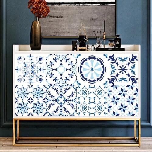 10/15/20/30cm Blue & White Tiles Sticker Kitchen Bathroom Wardrobe Home Decor Peel & Stick Shine Surface Ceramics Art Wallpaper