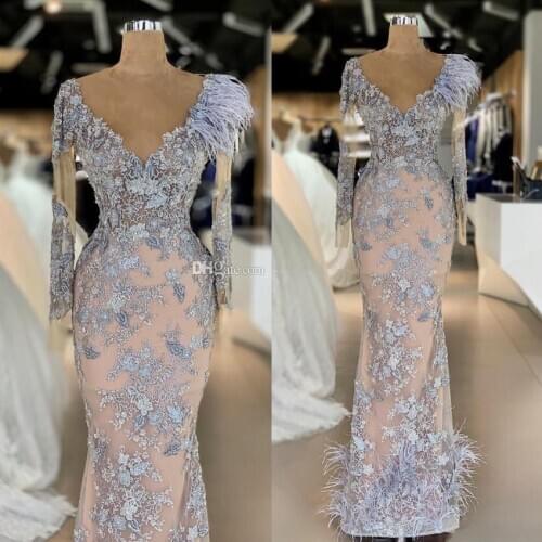 Charming Beaded Lace Mermaid Prom Dresses Deep V Neck Feather Long Sleeves Evening Gowns Floor Length Appliqued Formal Dress