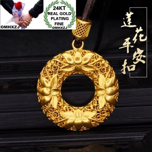 OMHXZJ Wholesale CA441 European Fashion Woman Party Birthday Wedding Gift Hollowed Lotus Peace Buckle 24KT Gold Pendant Charm