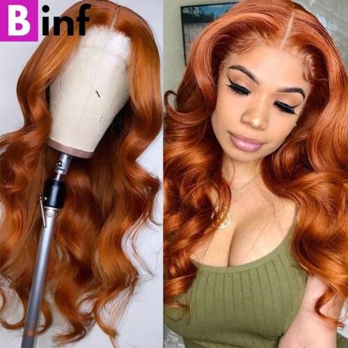 Orange Ginger Color Body Wave Lace Front Human Hair Wigs Pre Plucked Human Hair Wigs Glueless Indian Remy 13x1 Lace Part Wig