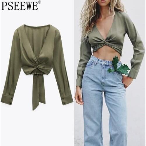 PSEEWE Za Blouses Women Knot Green Crop Top Woman Long Sleeve Elegant Blouses Summer 2021 Fashion Ruched Tied Ladies Tops