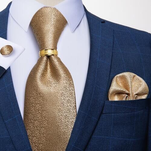 Luxury 8cm Yellow Solid Silk Tie Jacquard Woven Tie Handkerchief Cufflinks Tie Ring Set Business Wedding Party Men Tie DiBanGu