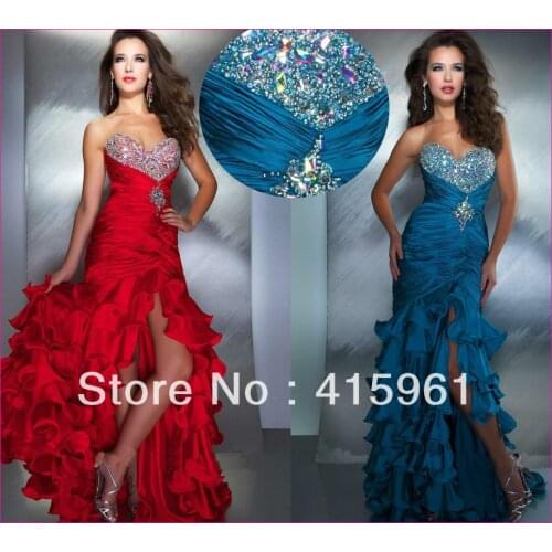 Aso Ebi blue red Mermaid Prom Dresses 2020 Sparkly Beaded Ruffles High Slit Sweetheart Arabic Evening Dress Occasion Gown