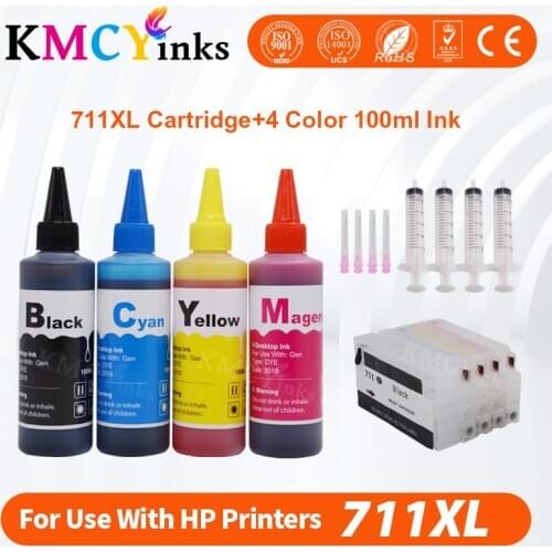 KMCYinks Compatible Cartridge Replacement For HP 711 XL Refillable Refill Ink 4 color Cartridge With ARC Chips and 400ml Dye i
