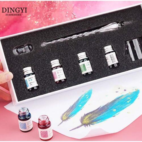Vintage Crystal Glass Dip Pen Set Non-carbon Gold Ink Fountain Signature Calligraphy Pen Writing Tools Stationery Gift