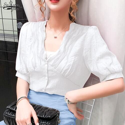 2021 Summer New White Tops Women Korean Style All-match Elegant V-neck Chiffon Shirt Fashion Style Slim Short Sleeve Blouse 9810