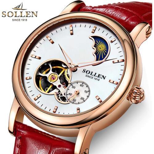 SOLLEN Automatic Women Watches Luxury Ladies Wrist Watches Red Strap Automatic Mechanical Waterproof Skeleton Watches Women