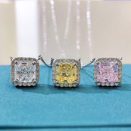 2021 New S925 Silver Created Moissanite Yellow Pink Diamond 7*7 Crushed Ice Cut Necklace Pendant for Women Patry Fine Jewelry