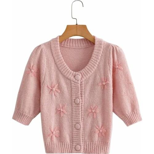 New Women Vogue Embroidery Single-breasted Knitted Cardigan Half Sleeve V-Neck Vintage Female Cropped Sweater Chic Tops