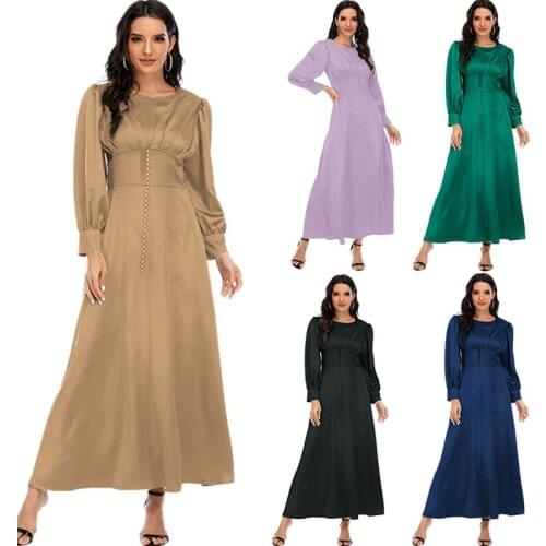 Women Satin Solid Color Long Dress Beads Muslim Islamic Ramadan Maxi Robe Abaya Arabic Caftan Loose Casual Vestido Middle East