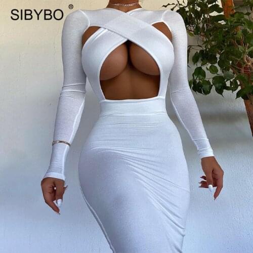 Sibybo Autumn Cleavage Wrap Dress Women Long Sleeve Bodycon Sexy Party Dresses Femme Hollow Cut Out Midnight Maxi Dress Vestidos