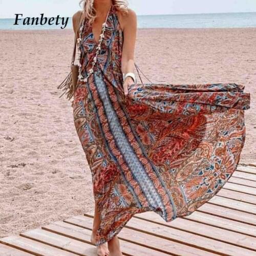 Vintage 2021 Spring Floral Print A-Line Boho Dress Women Halter Blackless Loose Long Dress Summer Sleeveless Maxi Beach Dresses