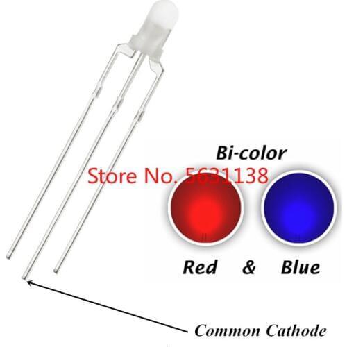 100pcs 3mm F3 Red And Blue Diffused chip LED Common Cathode 3pin LEDs Indicator Light Round Head 20mA Bicolor Lamp Light Beads