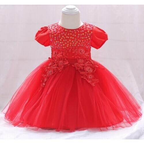 2018 Toddler Girls Dresses Infant Baptism Clothes Newborn Baby Girls Red Diamond Appliques Dress Baby Lace Dress Cotton Lining