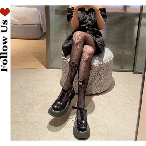 Harajuku Satin Big Bow White Fishnet Socks Female Lolita Cute Breathable Hollow Gothic Woman Trousers Pantyhose Sexy Tights