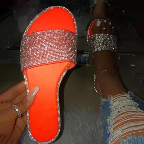 Summer Shoes Women Sandals 2021 New Basic Rhinestones Slip-on Flat Sandals Women Shoes Casual Beach Outdoor Walking Shoes Ladies