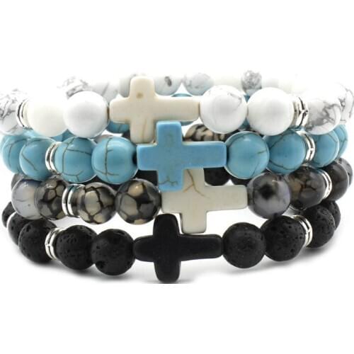 8mm jg4 cross turquoise white Howlite elastic adjusted black volcanic lava Bracelet Stone bead essential oils diffuser