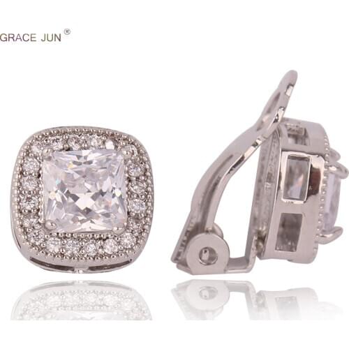 GRACE JUN New Square Geometric Clip on Earrings for Women Party Wedding Luxury Bridesmaid Cubic Zircon Material No Hole Earrings