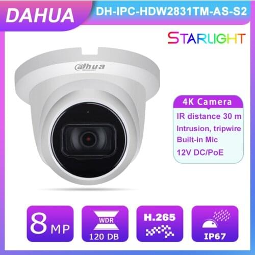 Dahua IPC-HDW2831TM-AS-S2 4K 8MP UltraHD POE Starlight IP Camera 98ft Night Version IP67 Webcam Built-in MIC H.265 SD Card Slot