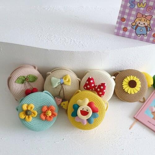 Cartoon Childrens Messenger Bag Straw Girls Shoulder Bags Fashion Beach Crossbody for Kids Sunflower Mini Handbags for Girl Boy