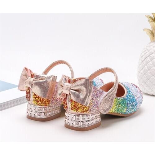 Children Princess Leather Shoes For Girls Sandals High Heel Glitter Rainbow Rhinestone Enfants Fille Female Party Dress Shoes