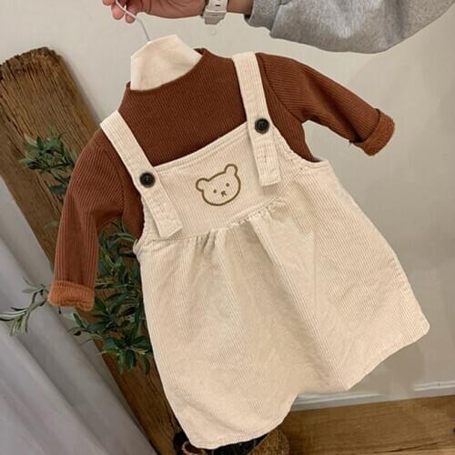 Cartoon Bear Front Printing Baby Dress Spring Fall Warm Corduroy Strap Dress for Girls Costumes Toddler Baby Clothing 0-24m