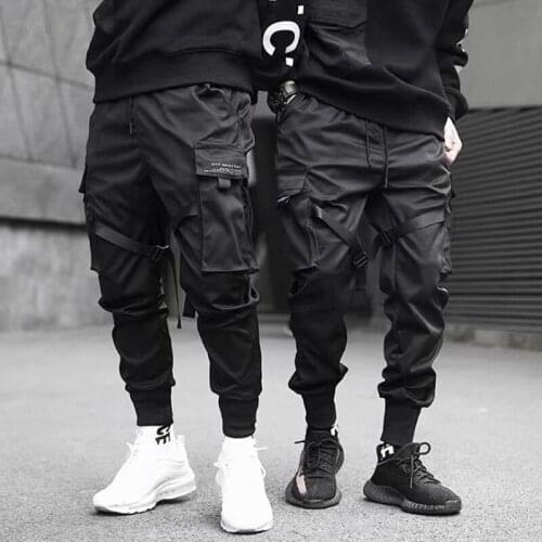 Men Ribbons Color Black Pocket Cargo Pants Joggers Harajuku Sweatpant Hip Hop Trousers Leisure Loose Trousers