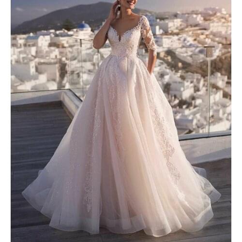 Elegant Long Sleeve Lace Wedding Dresses A-Line Tulle Illusion Back Robes De Mariée Bridal Gown For Women