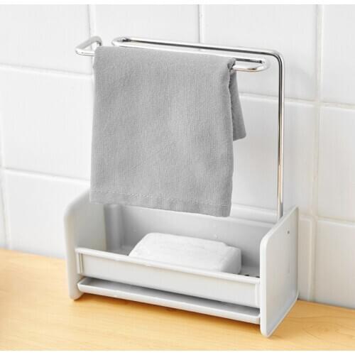 Kitchen Sponge Towel Holder Sink Cleaning Brush Soap Rack Bathroom Drain Tray Rag Hanging Shelf Hooks