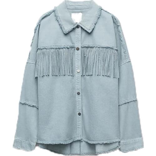 Za Womens Shirt Jacket With Bejewelled Fringe Collared Long Sleeve Jacket Female Streetwear Fashion Shirt Coat Chic Vintage TRF