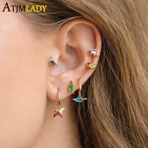 Minimal Minimalist 925 Sterling Silver Jewelry Tiny Small Colorful CZ Cute Lovely Animal Dinosaur Stud Earring 925 Gold Plated