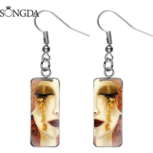 Classical Gustav Klimt The Kiss TeardropRectangular Earrings Golden Tears Painting Glass Dome French Water Drop Dangle Earrings